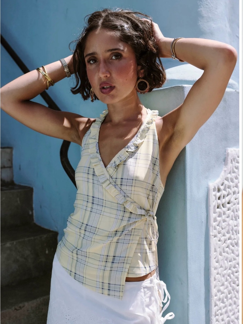 Urban Outfitters (Daisy Street) Yellow Plaid Ruffle Wrap Tank